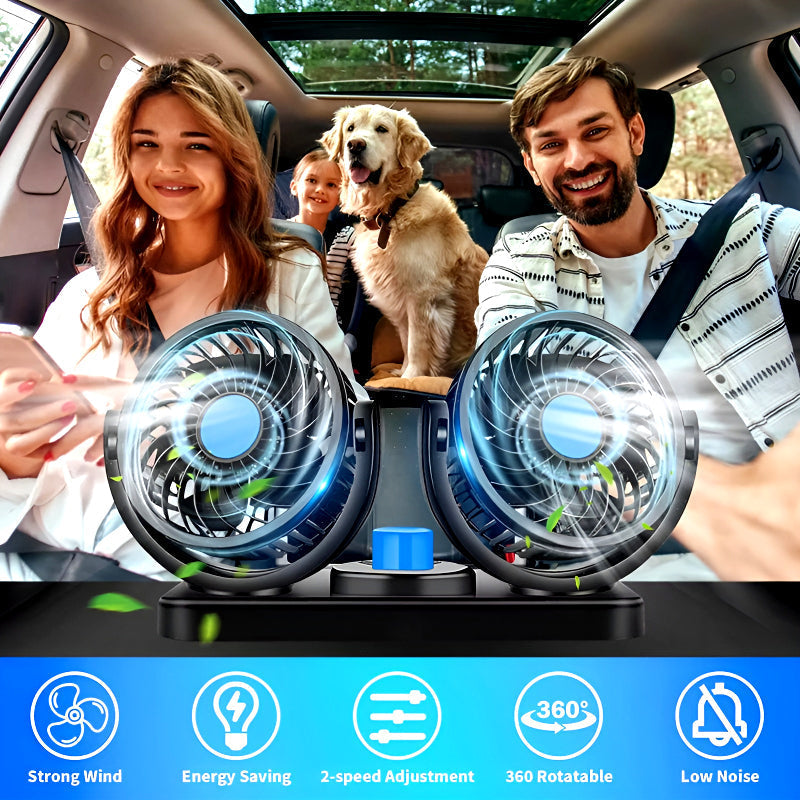 F30 Dual-Headed 360° Rotating Car Fan with Low Noise & Adjustable Airflow
